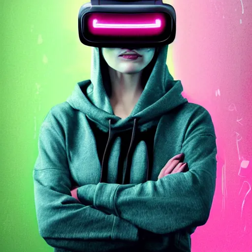 Image similar to Portrait of a woman by Greg Rutkowski, symmetrical face, a girl withj neon pink bob hair wearing a VR Headset, Kubric Stare, crooked smile, she's wearing an oversized hoodie, highly detailed portrait, scifi, digital painting, artstation, book cover, cyberpunk, concept art, smooth, sharp foccus ilustration, Artstation HQ