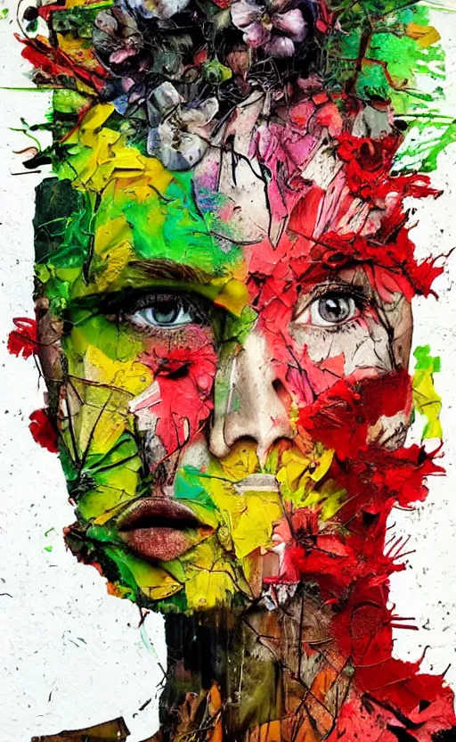 Prompt: illustration, gouache impasto of human face, blossoms, intricate, by artur bordalo