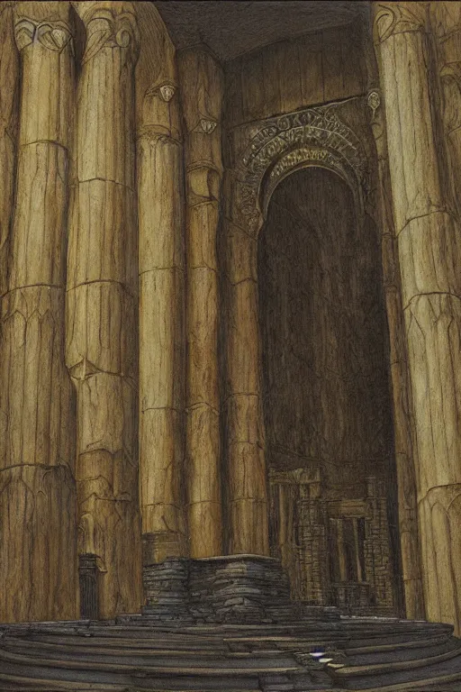 Image similar to Artwork by John Howe of the cinematic view of the Temple of Infernal Writings, Infernal Writing