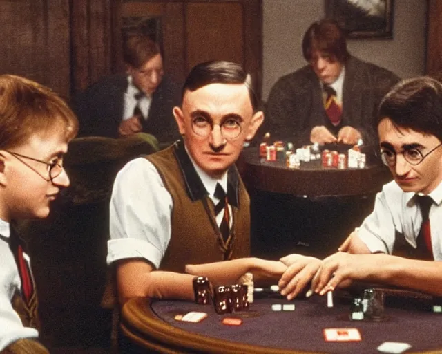 Image similar to harry potter and adolf hitler playing poker together, sharp focus, 8 k