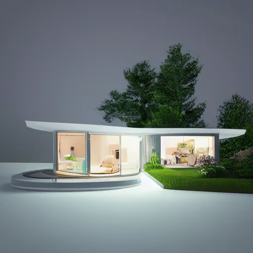 Image similar to crystal ball with mini modern house with led strip lights inside it, octane render hyperdetailed,