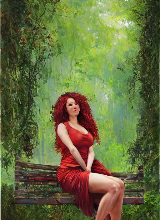 Image similar to full body portrait of a beautiful woman with fire red wavy hair, loosely clothed in vines, sitting on a bench, leaning backwards, arms reaching out to her sides, with a mischievous smile, dense foliage in the background by Jeremy Mann, vivid colors, green hue, stylized, detailed, loose brush strokes