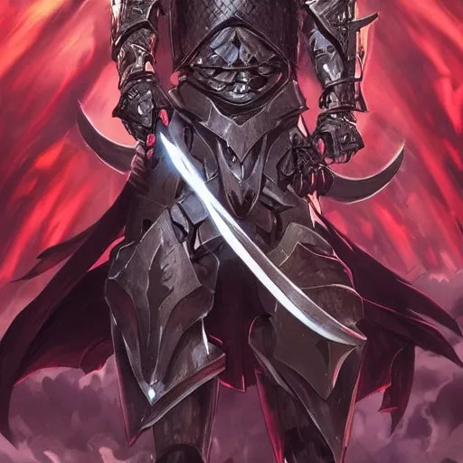 Image similar to Knight with black greatsword and black plate armour, one-eyed, emitting evil red aura, armor merging with body, full body shot, anime style, 90's modern art, art by artgerm and greg rutkowski and alphonse mucha