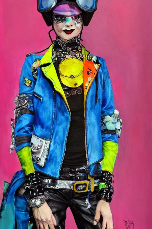 Prompt: a character wearing a diy! costume leather jacket, punk, with fluo colored details and a transparent helmet, full body, muted colors, vivienne westwood, nausicaa, hyper real acrylic painting