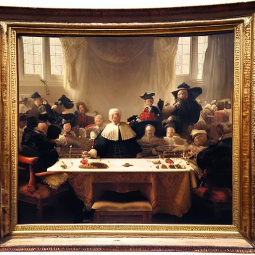 Prompt: rembrandt painting of joe biden having a feast at the whitehouse