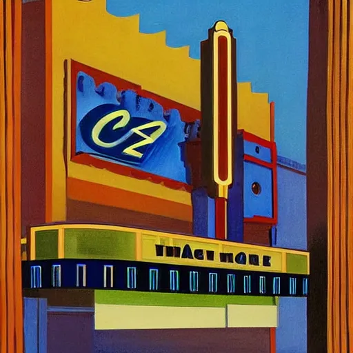 Image similar to art deco movie theater palace, dramatic light, painting by charles sheeler