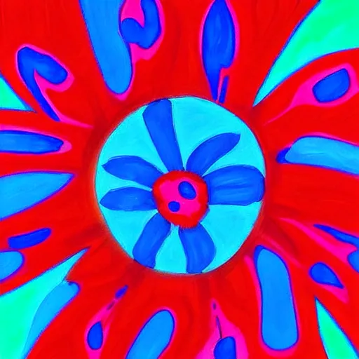 Prompt: an abstract painting of a red and blue flower by peter max, featured on deviantart, metaphysical painting, psychedelic, fractalism, vivid colors