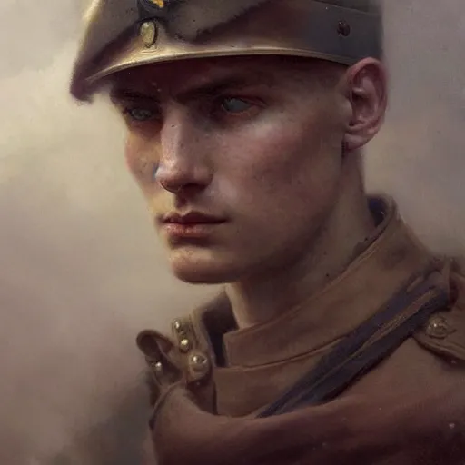 Image similar to a dramatic epic ethereal portrait of a WWI soldier, young male, detailed face, cinematic lighting, highly detailed oil on canvas painting by Greg Rutkowski, winning-award digital art trending on Artstation H 1024 W 832