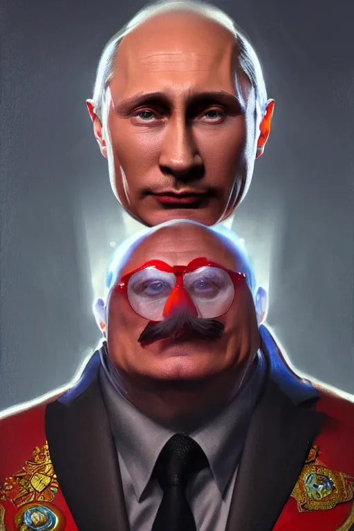 Image similar to vladimir putin as a stupid robotnik dr eggman, realistic portrait, symmetrical, highly detailed, digital painting, artstation, concept art, smooth, sharp focus, illustration, cinematic lighting, art by artgerm and greg rutkowski and alphonse mucha