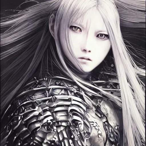 Image similar to Yoshitaka Amano realistic illustration of an anime girl with wavy white hair and cracks on her face wearing Elden ring armour with the cape fluttering in the wind, abstract black and white patterns on the background, noisy film grain effect, highly detailed, Renaissance oil painting, weird portrait angle