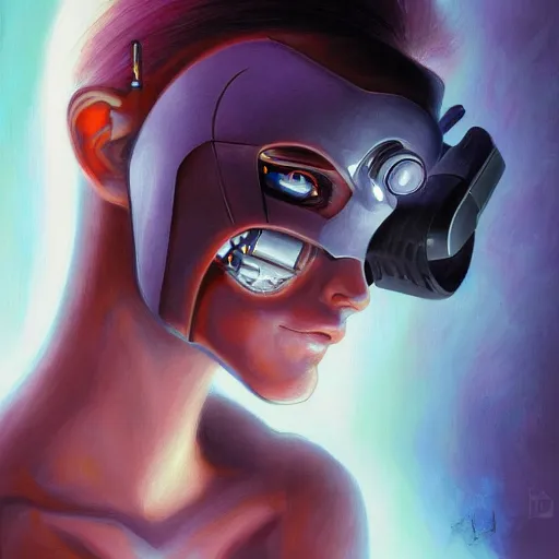 Prompt: portrait of a cyborg, oil on canvas, ultra hd, detailed, trending on pixiv