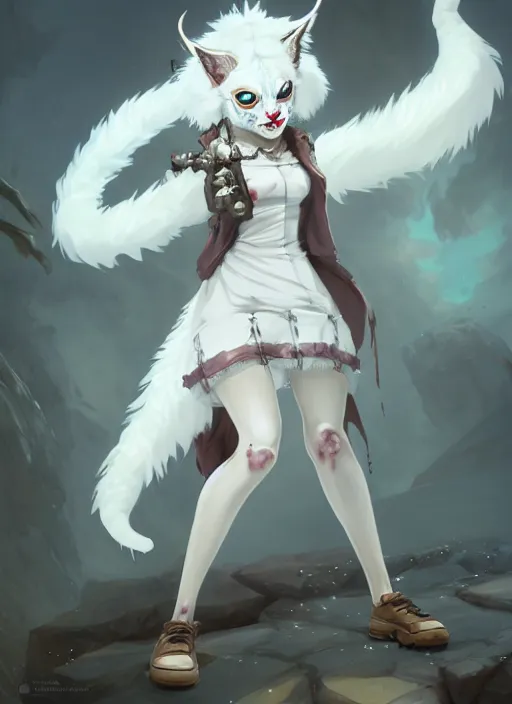 Image similar to wide angle beautiful full body portrait of a strong female damaged zombie anthropomorphic anthro white lynx fursona wearing a steampunk dress toothsome open mouth. character design by disney, anime, manga, charlie bowater, ross tran, artgerm, and makoto shinkai, detailed, soft lighting, rendered in octane