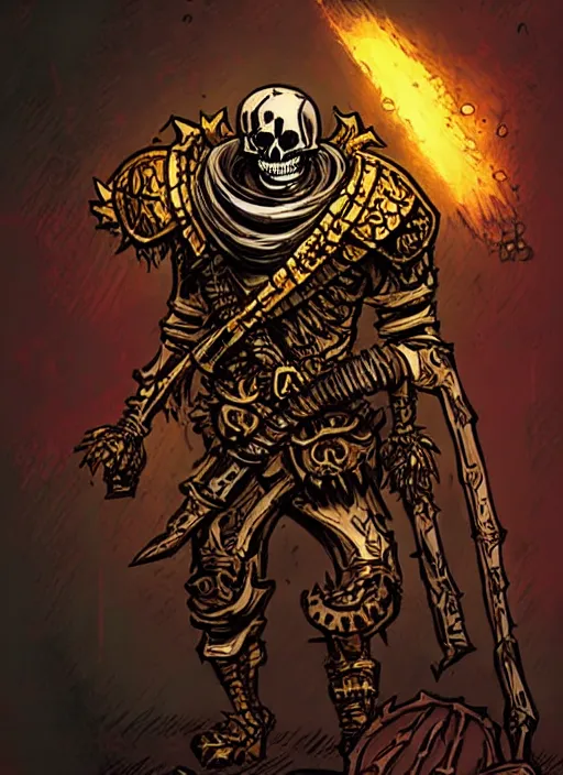 Prompt: concept art of a twisted skeleton warrior heavy golden armour in darkest dungeon, highly detailed, dark atmosphere, cosmic horror, body horror, lovecraft mythos, key character poster