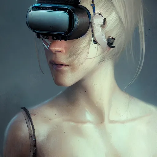 Prompt: A portrait of a beautiful cyperpunk girl, VR headset, augmentation technology, ancient art, art by greg rutkowski, matte painting, trending on art station