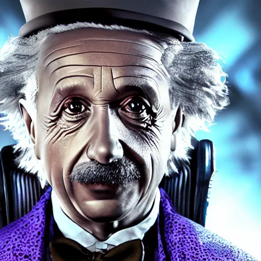 Image similar to albert einstein as willy wonka in gears of war, splash art, movie still, cinematic lighting, dramatic, octane render, long lens, shallow depth of field, bokeh, anamorphic lens flare, 8 k, hyper detailed, 3 5 mm film grain