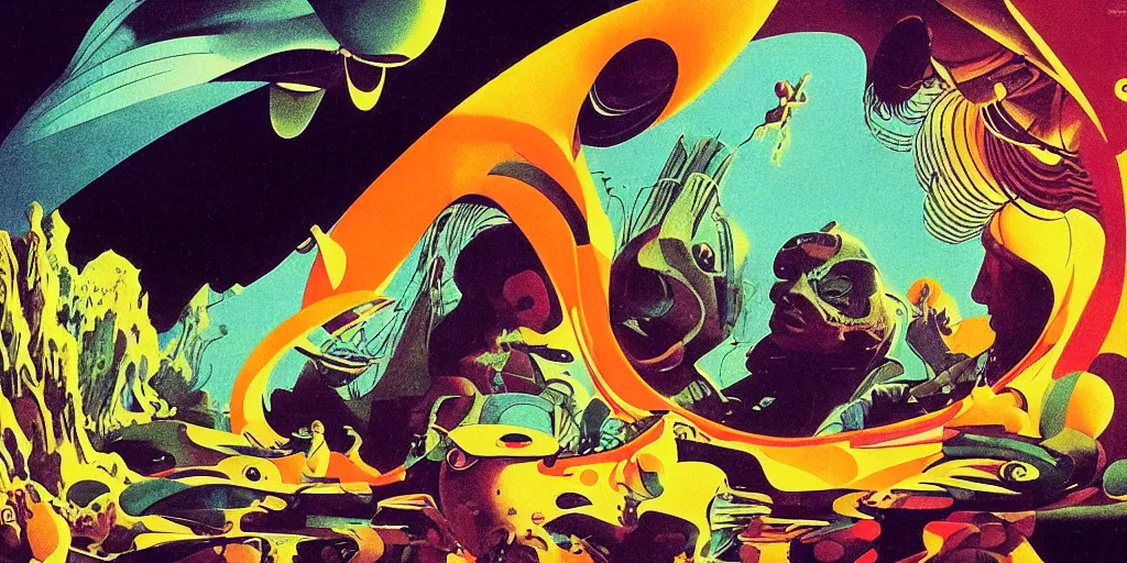 Prompt: 7 0 s colourful afrofuturist biomorphic opart, 6 0 s space age design photography, future retro, 2 0 0 1 : a space odyssey, manta ray, mantis head god temple, pascal blanche, josh kirby, roger dean, arthur rackham, moebius, syd mead, beksinski, greg hildebrandt, scifi, 8 k