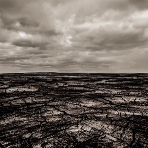 Image similar to a desolate plain with scorched earth, realistic, moody and dark