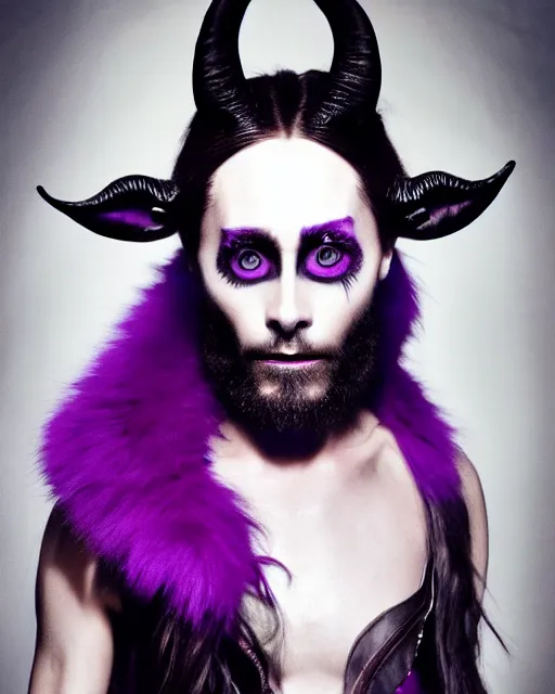 Image similar to Jared Leto with Wolf Eyes, goat ears, and purple fur, wearing Haider Ackerman, Rick Baker Style makeup, photo-real, Artstation, in the style of Annie Leibovitz