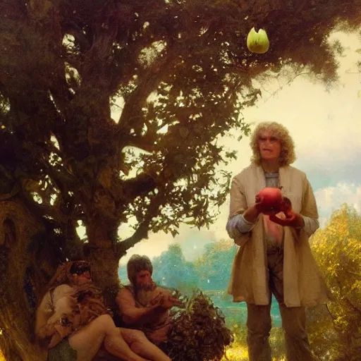 Prompt: a close - up photo of isaac newton offering a half eaten apple to steve jobs under the tree of knowledge, artwork by gaston bussiere, craig mullins, trending on artstation