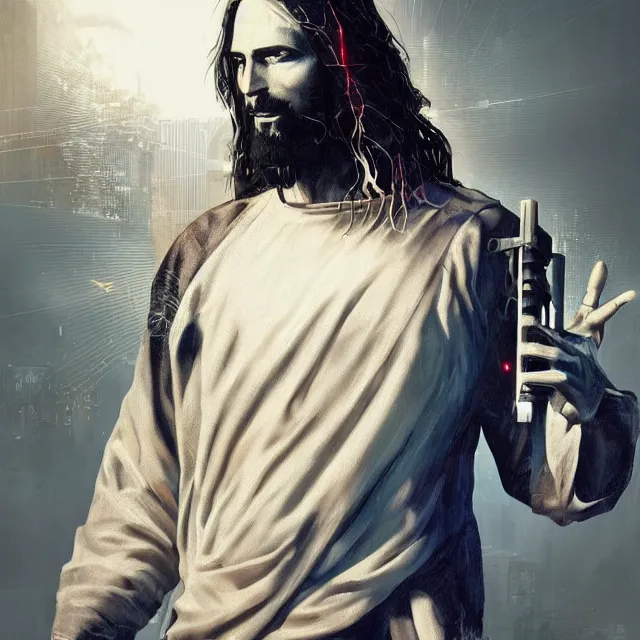 Image similar to glitch art of cyberpunk jesus h. christ trending on artstation deviantart pinterest photorealistic hd 8 k highlights and shadow detailed high resolution