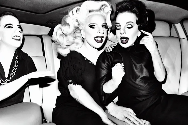 Image similar to lady gaga and judy garland doing carpool karaoke, lady gaga and judy garland, carpool karaoke, lady gaga, judy garland, carpool karaoke, youtube video screenshot, the late late show with james corden