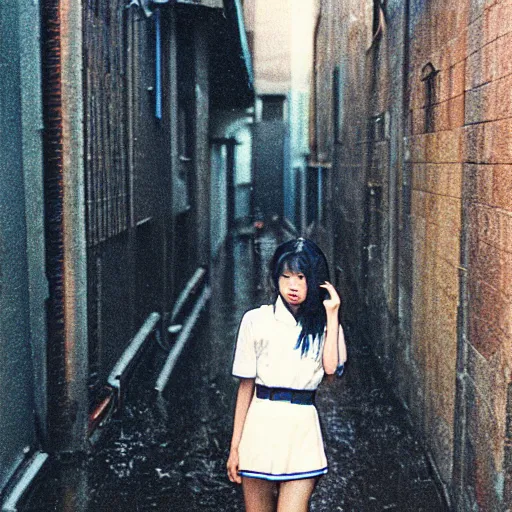 Image similar to 1990s perfect 8K HD professional cinematic photo of close-up japanese schoolgirl posing in sci-fi dystopian alleyway at morning during rain, at instagram, Behance, Adobe Lightroom, with instagram filters, depth of field, taken with polaroid kodak portra