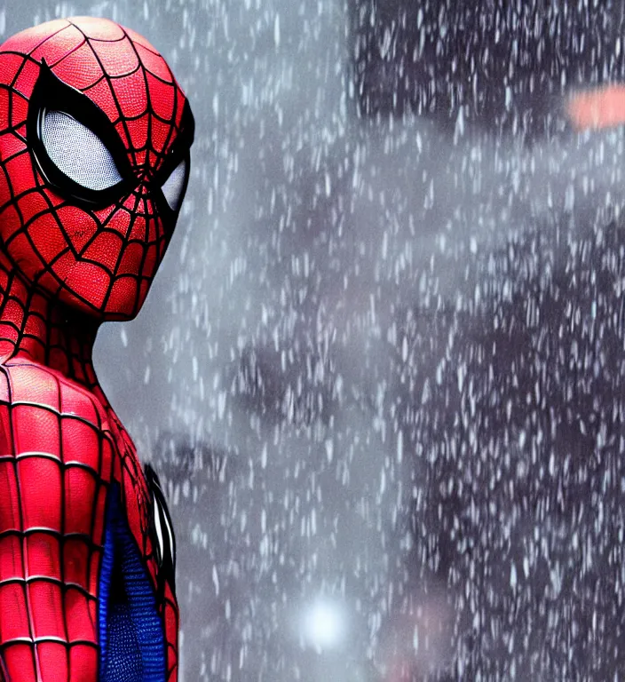 Image similar to tobey maguire as spiderman, dramatic rain, 8 k