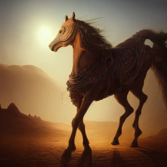 Prompt: arabian horse in the desert, environment, illustration, symmetrical, smoky, unreal engine, colors, epic scene, fantasy art by greg rutkowski,, golden raito, high quality, intricate details, details, intricate, atmosphere, highly detailed, matte painting, cinematic, deviantart, realistic, concept art, 4 k