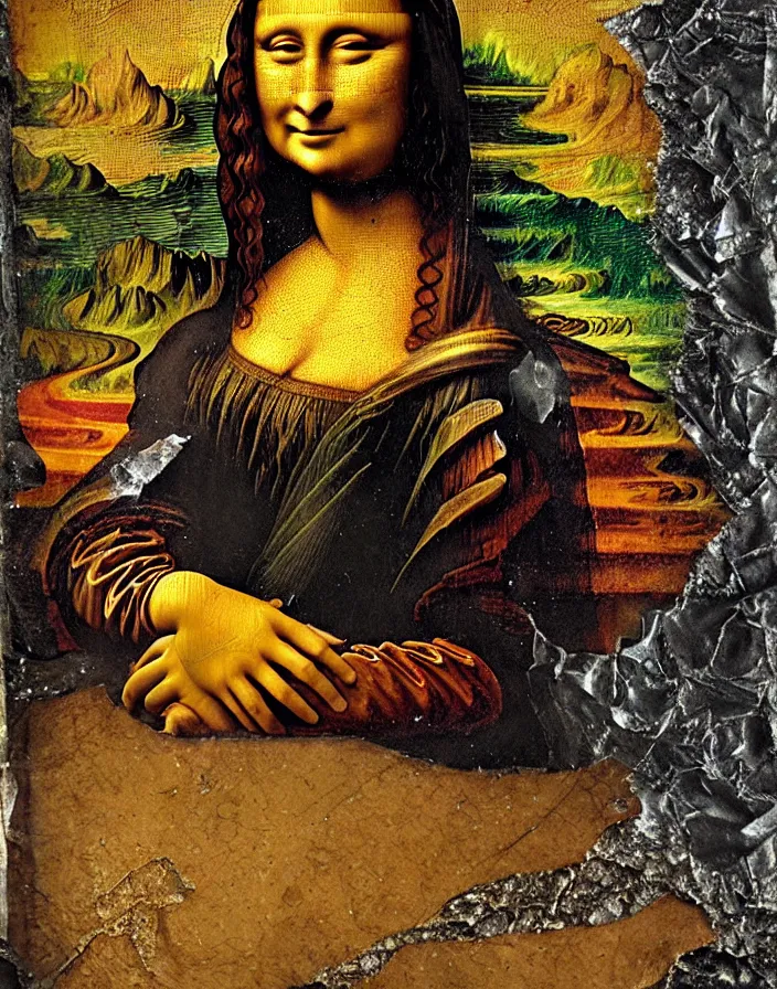 Prompt: celestial mona lisa orgasm detailed mixed media collage with canvas texture in style of contemporary art, punk art, photorealism, sensual bodies, expressionism, masterpiece, spectacular quality, intricate oil details, broken glass photo, torn paper intricate texture, large cracks, liquid glue spots, vivid and balanced
