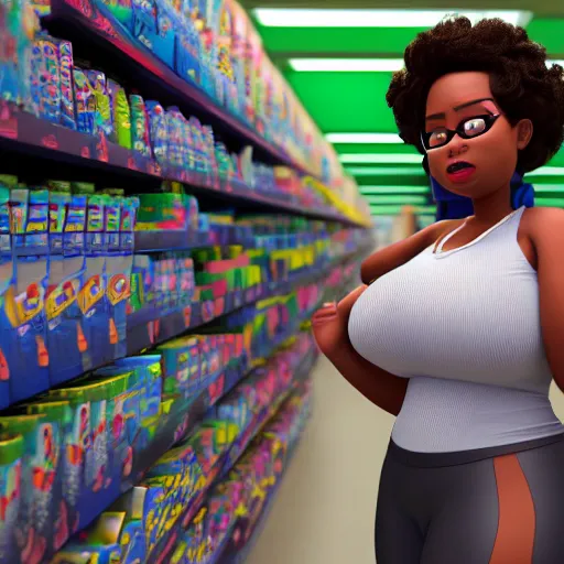Image similar to high quality, highly detailed, still of black bbw woman in wal-mart follow shot, 3d, in the style of pixar, comic book style, 3d, highly detailed, 16k resolution, octane renderer, coherent