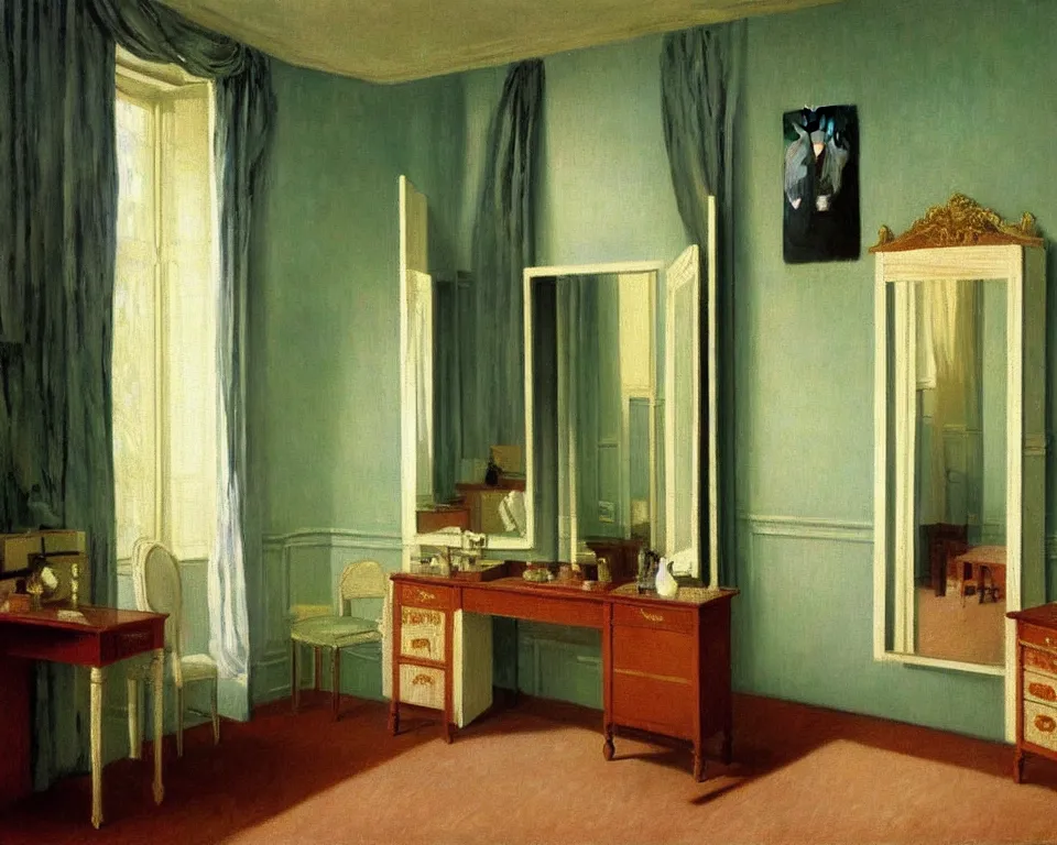 Image similar to achingly beautiful painting of a sophisticated, well - decorated dressing room by rene magritte, monet, and turner.