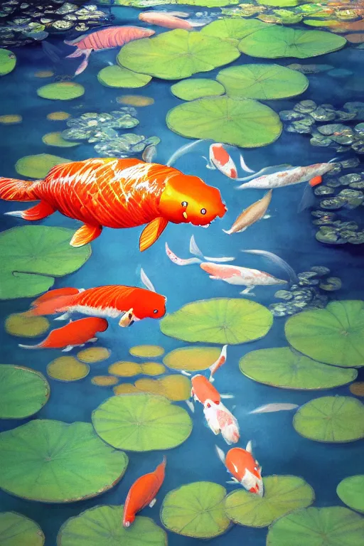 Image similar to nenufar in a pond surrounded by koi carp, colorful, blue backgroung,clean, joyful, intricate, elegant, volumetric lighting, scenery, digital painting, highly detailed, artstation, sharp focus, illustration, concept art, ruan jia, steve mccurry