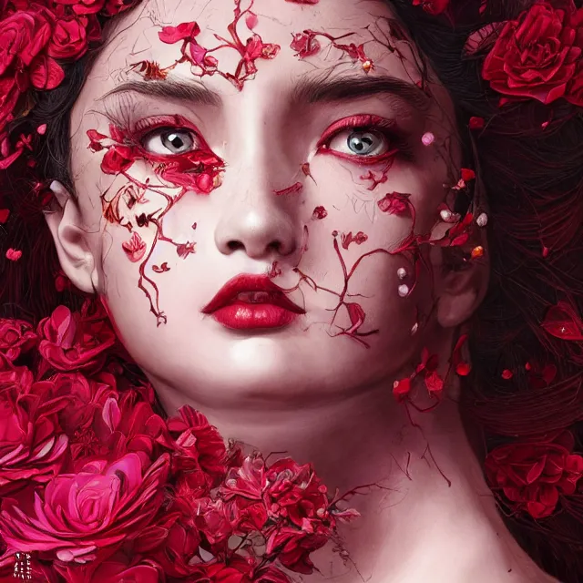 Image similar to studio portrait absurdly beautiful, elegant, graceful, young hypercolorful contrast latina gravure idol rubies and red petals, ultrafine hyperrealistic detailed face illustration by kim jung gi, irakli nadar, intricate linework, sharp focus, bright colors, matte, octopath traveler, final fantasy, unreal engine highly rendered, global illumination, radiant light, intricate environment