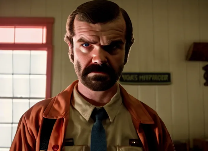 Image similar to film still of jim hopper as mike wheeler in stranger things, 8 k