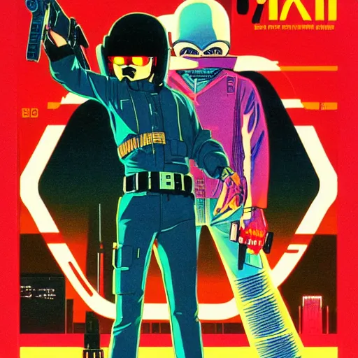 Prompt: 1979 OMNI Magazine Cover Illustration of neo-Tokyo bank robbery movie, Bank Robbery, Anime, Highly Detailed, Akira Color Palette, Cyberpunk, 8k :4 by Vincent Di Fate + Katsuhiro Otomo : 8