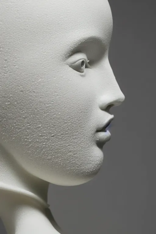 Image similar to close up of full head and shoulders, beautiful female porcelain sculpture by daniel arsham and raoul marks, smooth, all white features on a white background, delicate facial features, white eyes, white lashes, all twisted around, detailed white 3 d giant poppies on the head