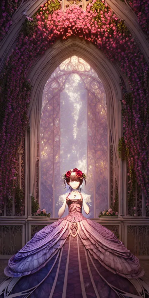 Image similar to the beautiful hyperdetailed physical rendering of a single rose flower wedding gothic lolita dress clothing design display in show in front of your eyes, perfectly shaded, atmospheric lighting, in the style of makoto shinkai, raphael lacoste louis comfort tiffany, stanley artgerm lau, wlop, rossdraws, 8 k hd, fine texture structure, 3 drender,