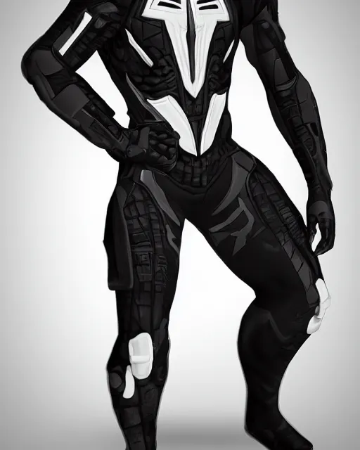 Prompt: black and white cyberpunk spiderman suit sleek greeble suit