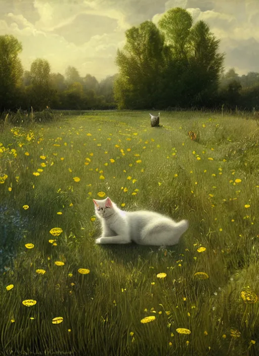 Image similar to the cat in the field from : dandelions, poppy and tulip, chamomile, hyperrealism, no blur, 4 k resolution, ultra detailed, style of ivan shishkin, tyler edlin, tom bagshaw, arthur rackham,