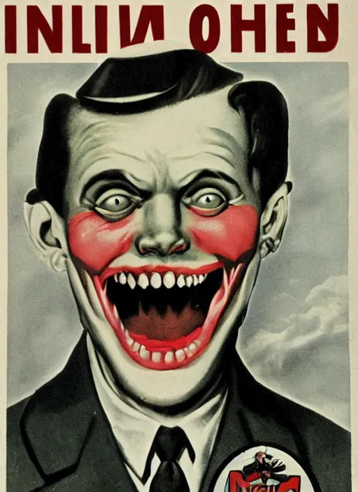 Image similar to creepy Nikolai Belinski with a scary comically large smile, 1940s scare tactic propaganda art