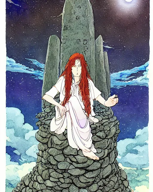 Image similar to a hyperrealist studio ghibli watercolor fantasy concept art of a giant long haired grey witch in lotus position sitting on top of stonehenge with a starry sky in the background. a ufo is in the sky. by rebecca guay, michael kaluta, charles vess