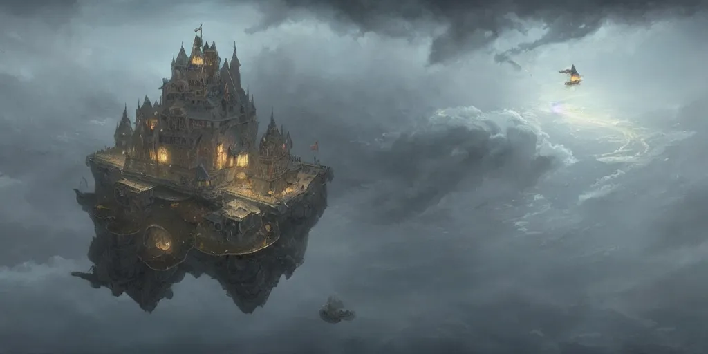 Prompt: aerial view floating castle on a cloud in the sky. flying sail boat. cloud wall in the background, art by greg rutkowski and magali villeneuve, d & d, fantasy, highly detailed, digital painting, trending on artstation, concept art, sharp focus, illustration