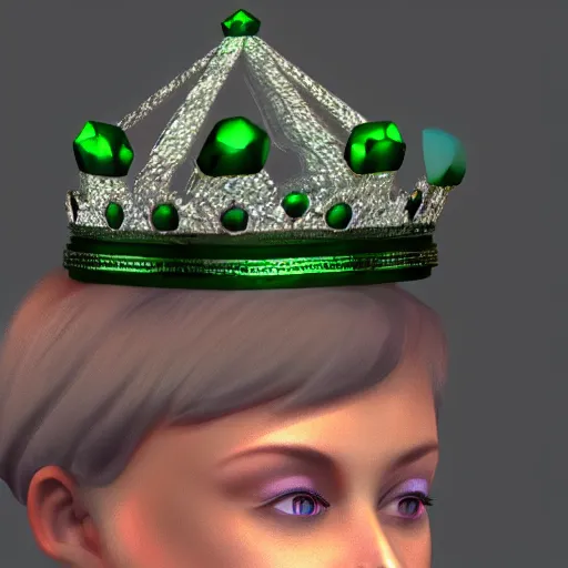 Prompt: 3 d render of a gemstone wearing a crown, with green background lighting, realistic, artstation, cg