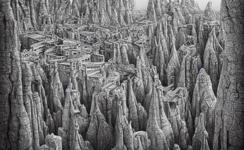 Prompt: a pencil sketch of heavenly city with lush walkways, beautiful bioarchitecture design by kedem pitsou, m. c. escher, gaudi sagrada familia, and bisti badlands, emerald gold and beksinski, highly detailed, bokeh, beautiful, artstation