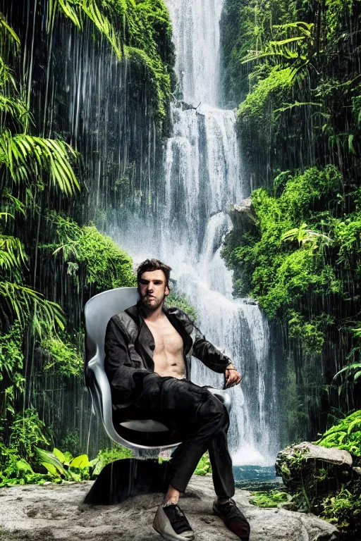 Image similar to movie closeup young man with a grey beard in a cyberpunk suit sitting on a futuristic chair at the edge of a jungle waterfall by emmanuel lubezki