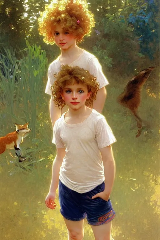 Image similar to a seven - year old with curly dirty blonde hair, blue eyes, tan skin a tee shirt and shorts, playing with foxes, painting by daniel gerhartz, alphonse mucha, bouguereau, detailed art, accurate facial details, no blush, artstation