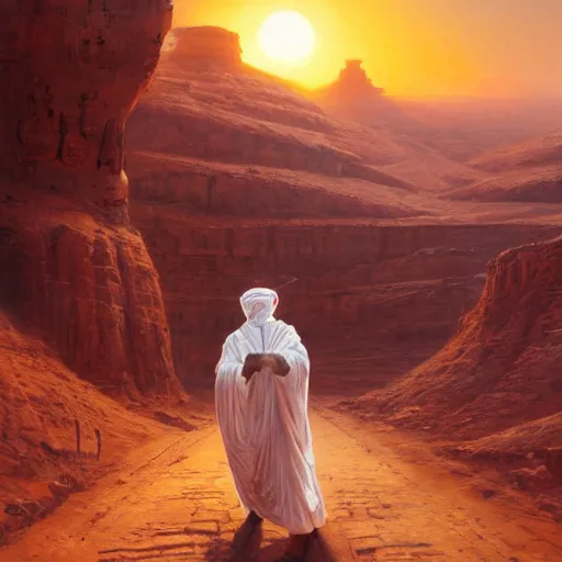 Prompt: an african moor wearing white robes riding a robot camel through the valley of the kings, by greg rutkowski and android jones, oil on canvas, 8k, synthwave sunset
