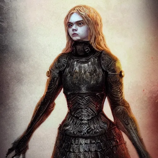 Image similar to Elle Fanning in the painted world of Dark Souls, head and shoulders masterpiece, apocalypse, golden hour, cosmic horror, artstation, in the style of Liber Chronicarum and Michael Wolgemut, extremely detailed