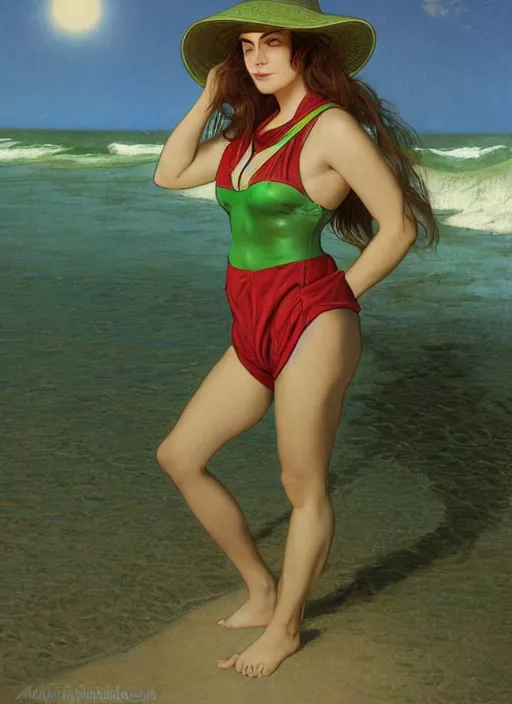 Image similar to portrait Beetlejuice green as sea lifeguard on the beach, full length shot, shining, 8k highly detailed, sharp focus, illustration, art by artgerm, mucha, bouguereau