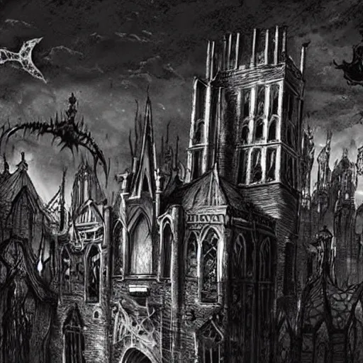 Prompt: a gothic horror lovecraftian cityscape in an eternally dark haunted world full of demons and ghosts